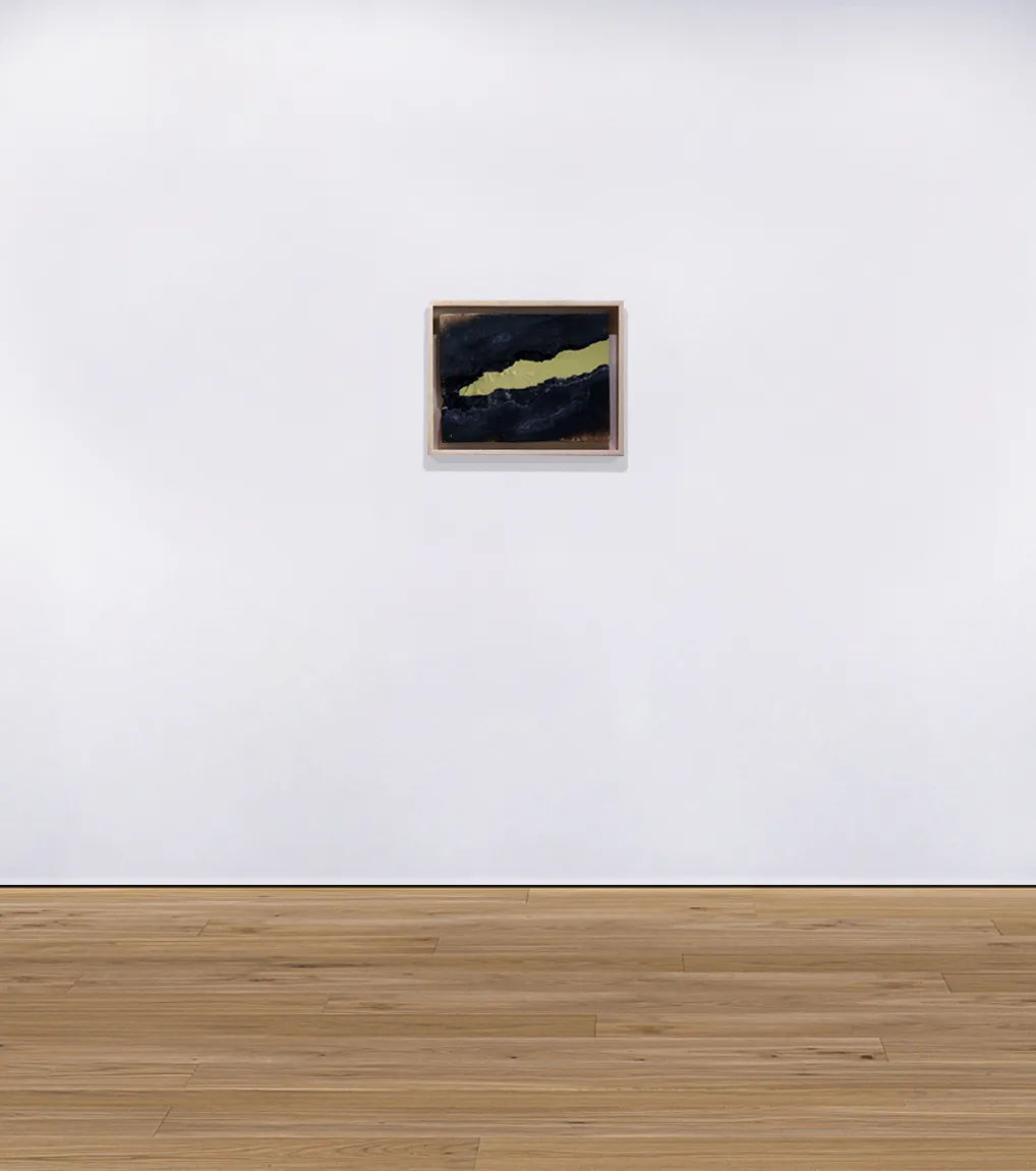 An installation view of the painting 'Delamination' from 2021 by artist Damian Boylan. The painting from the Fire Paintings series shows carbonised wood and poly(methyl methacrylate), mounted on a white gallery wall.