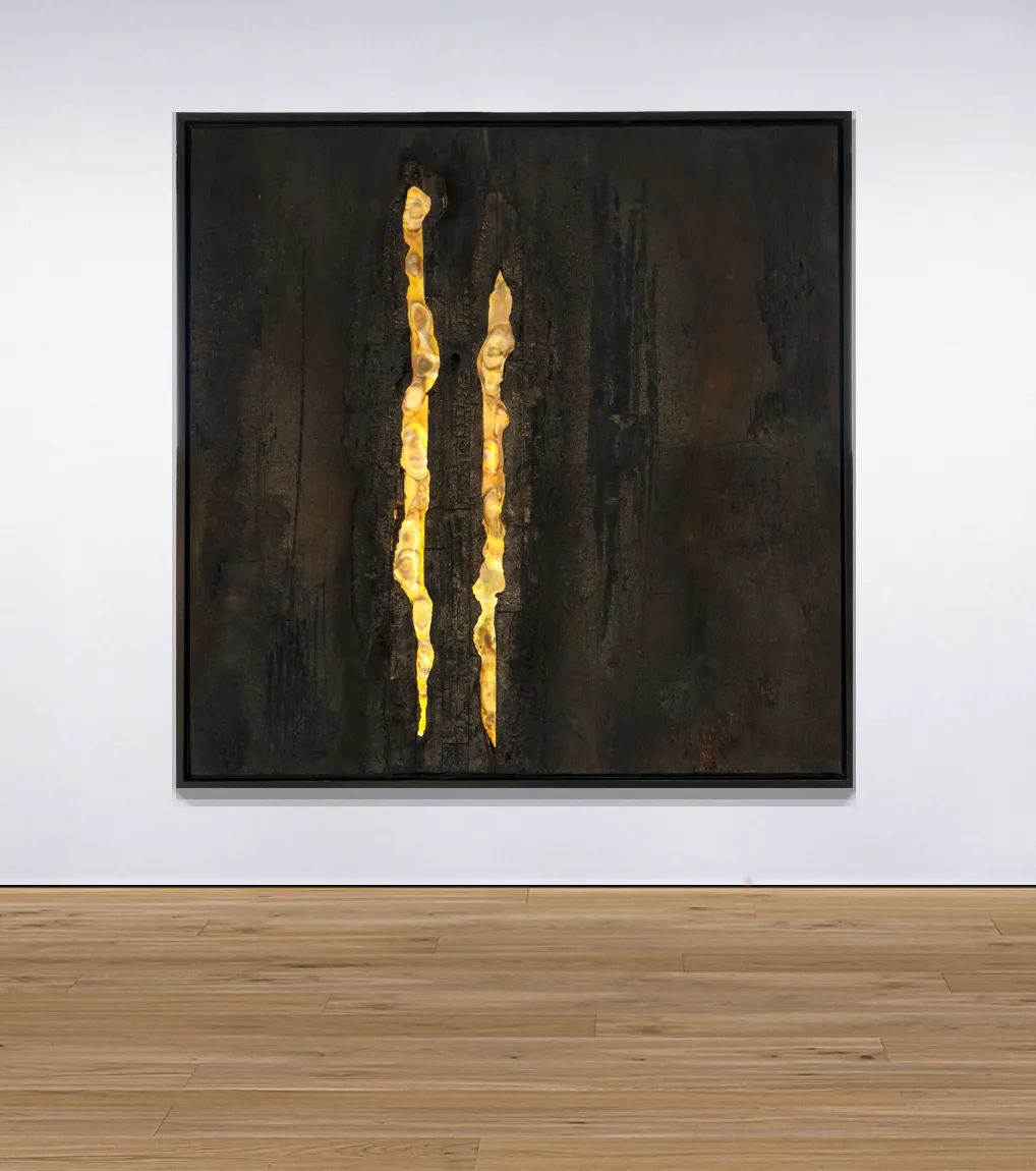 ‘Parallelism’ (2021) by Damian Boylan. A sculptural painting from his Fire Paintings series, with butane-burned wood and parallel grooved markings revealing chromatic oxidized brass.