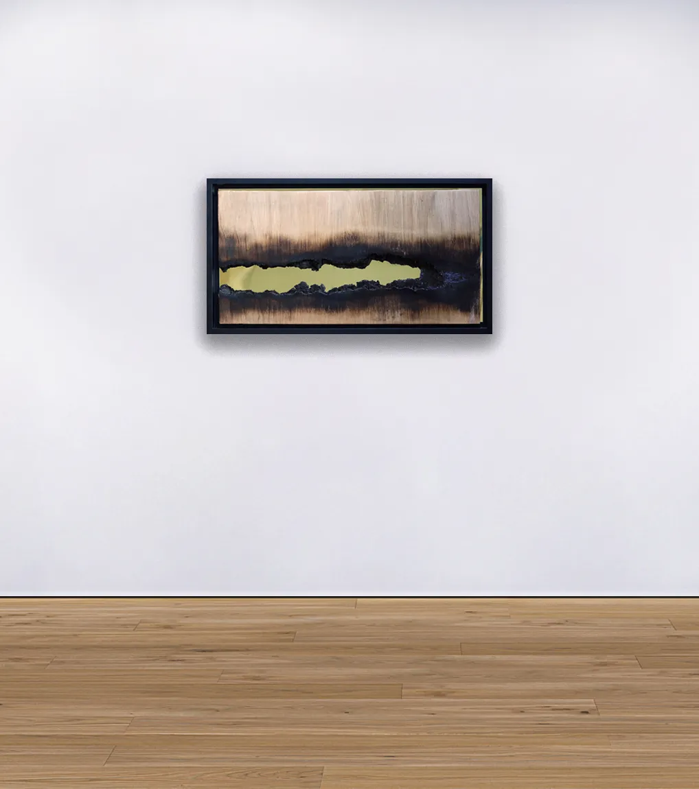 An installation view of the painting 'Seeing You For The First Time, Again' from 2022 by artist Damian Boylan. The painting from the Fire Paintings series shows carbonised wood and poly(methyl methacrylate), mounted on a white gallery wall.
